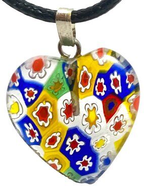 Vintage Murano Millefiori Art Glass Heart Pendant Necklace Multicolor Flowers 18